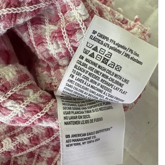 AMERICAN EAGLE Womens Top XS Red Gingham Plaid Cropped Smocked Summer Coquette - Picture 6 of 8